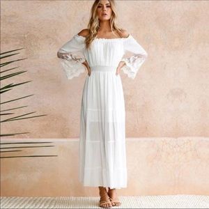 Boho White Off Shoulder Sheer Lace Trim Maxi Dress